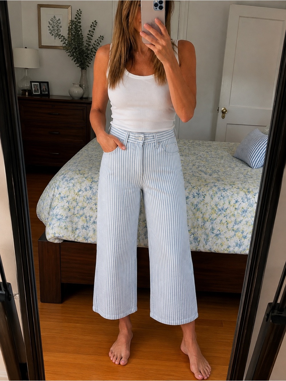 J. Crew Light Blue & White Striped Wide-Crop Leg Pants